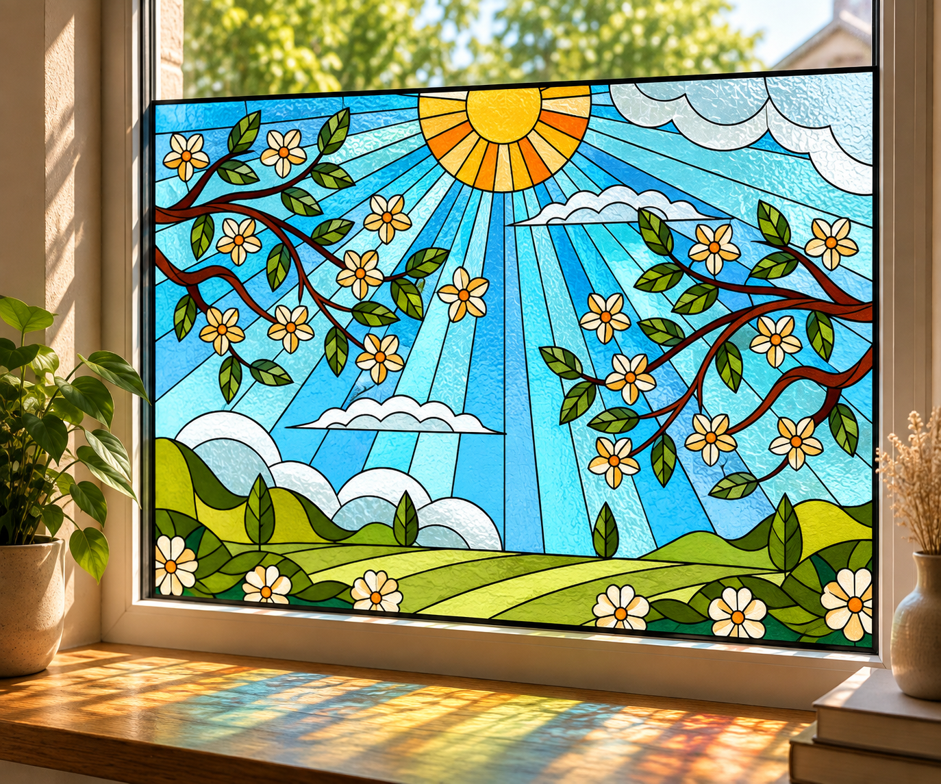 Statische glas-in-lood raamfolie Bloesem & Zon – kleurrijk natuurdesign