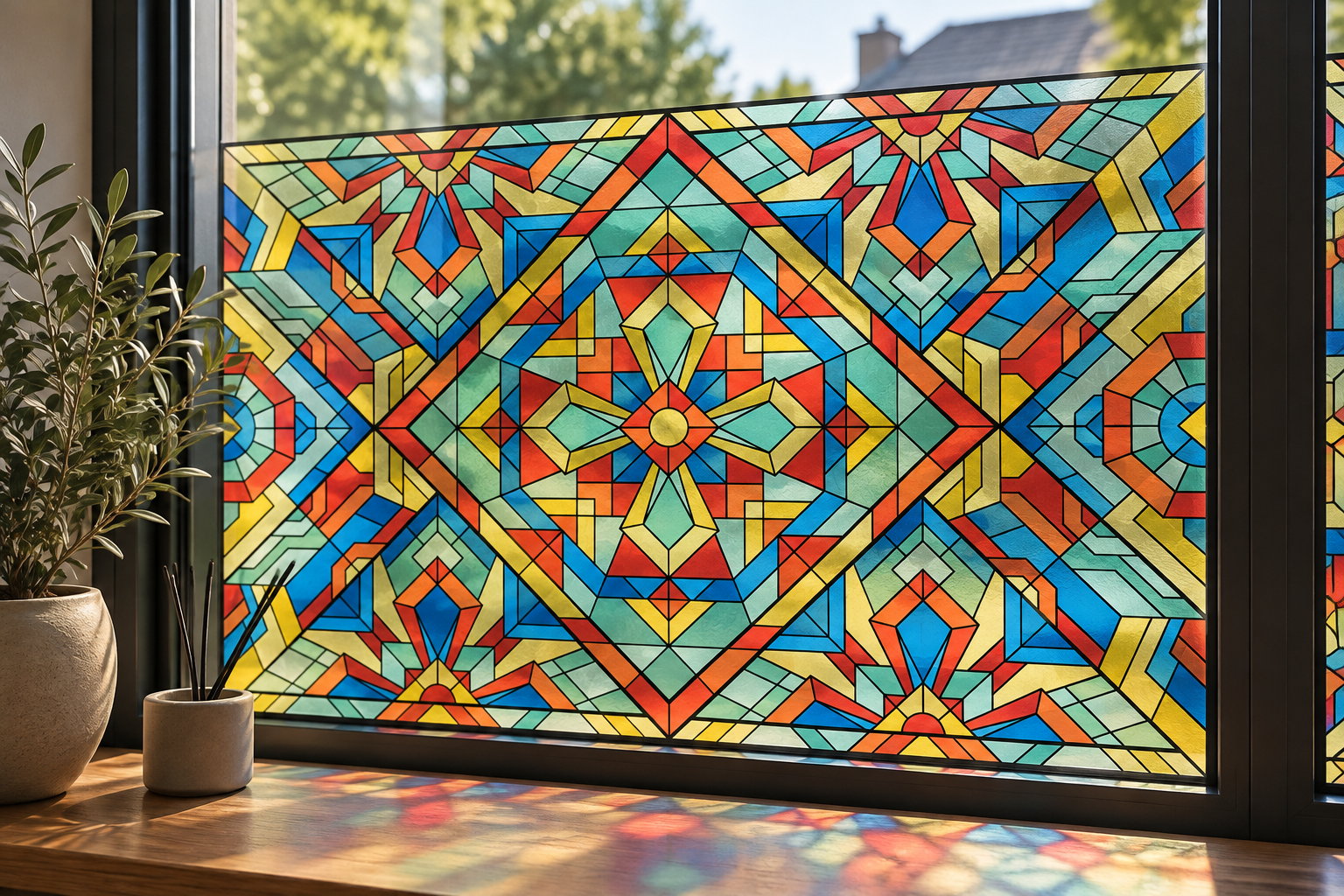 Statische glas-in-lood raamfolie – kleurrijk design
