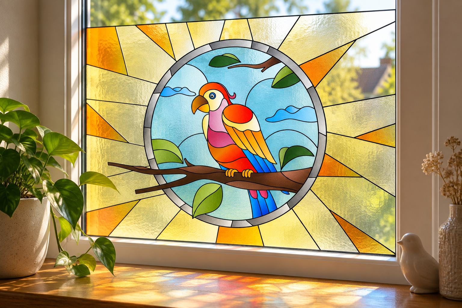 Statische glas-in-lood raamfolie Papegaai – kleurrijk raamdesign