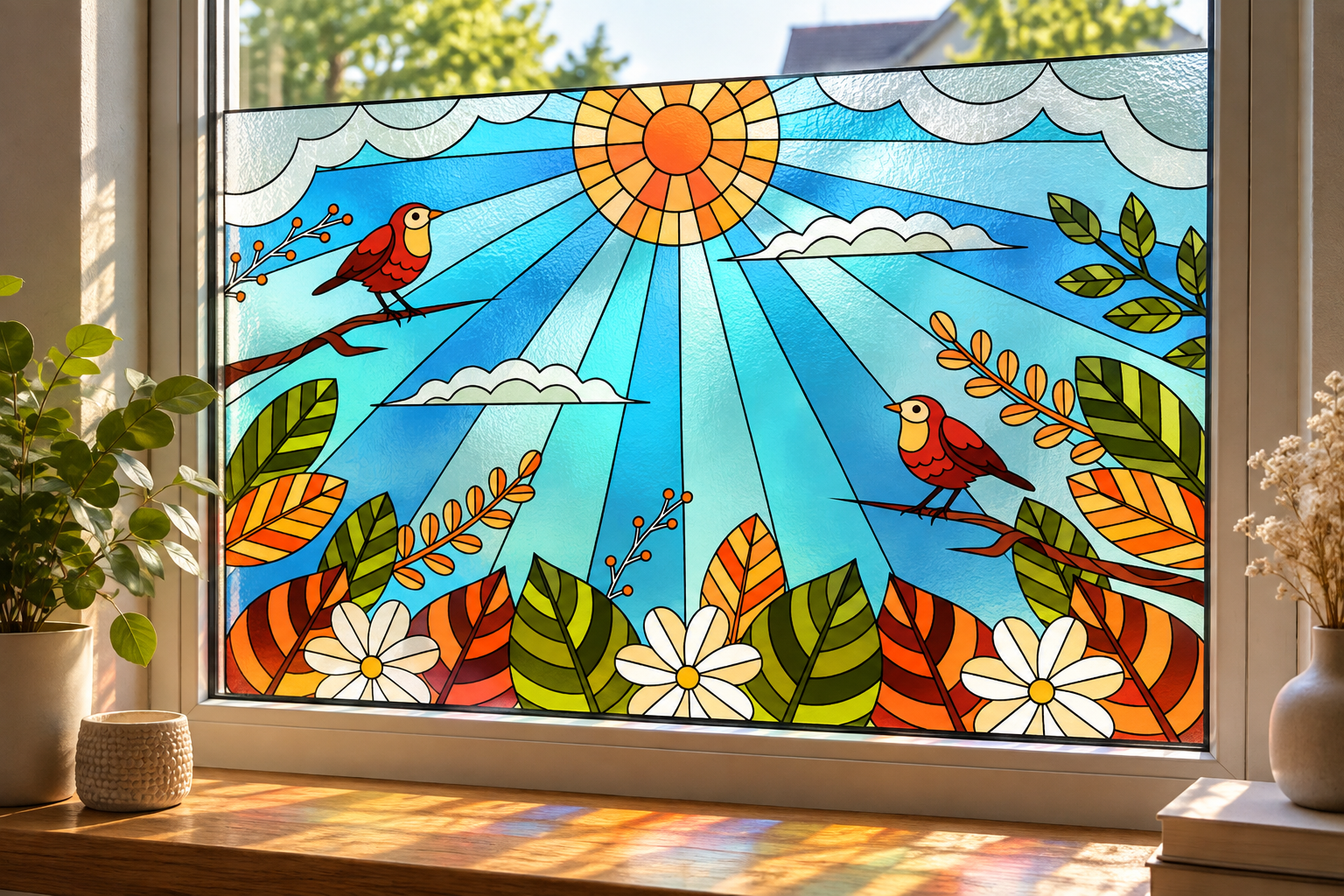 Statische glas-in-lood raamfolie Vogels & Zon – kleurrijk natuurdesign