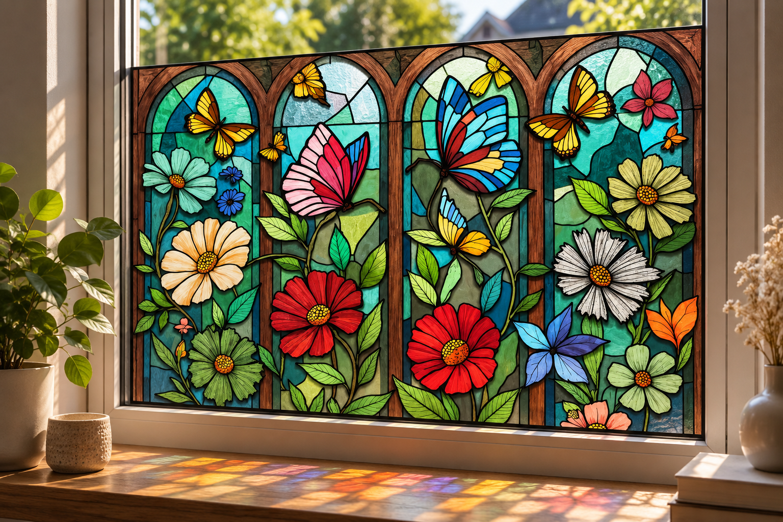 Statische glas-in-lood raamfolie Vlinders & Bloemen – kleurrijk design