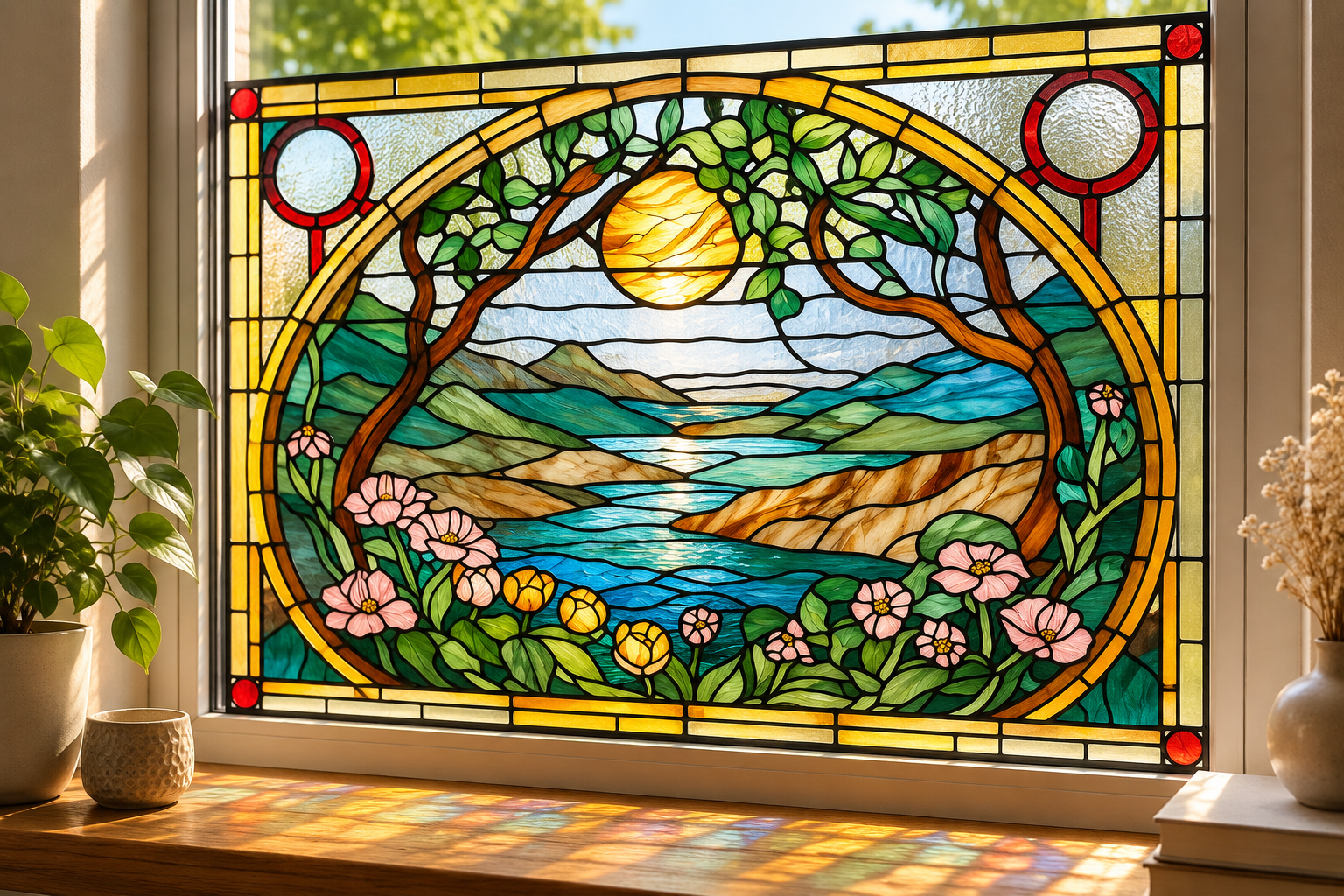 Statische glas-in-lood raamfolie Landschap – natuur & bloemen