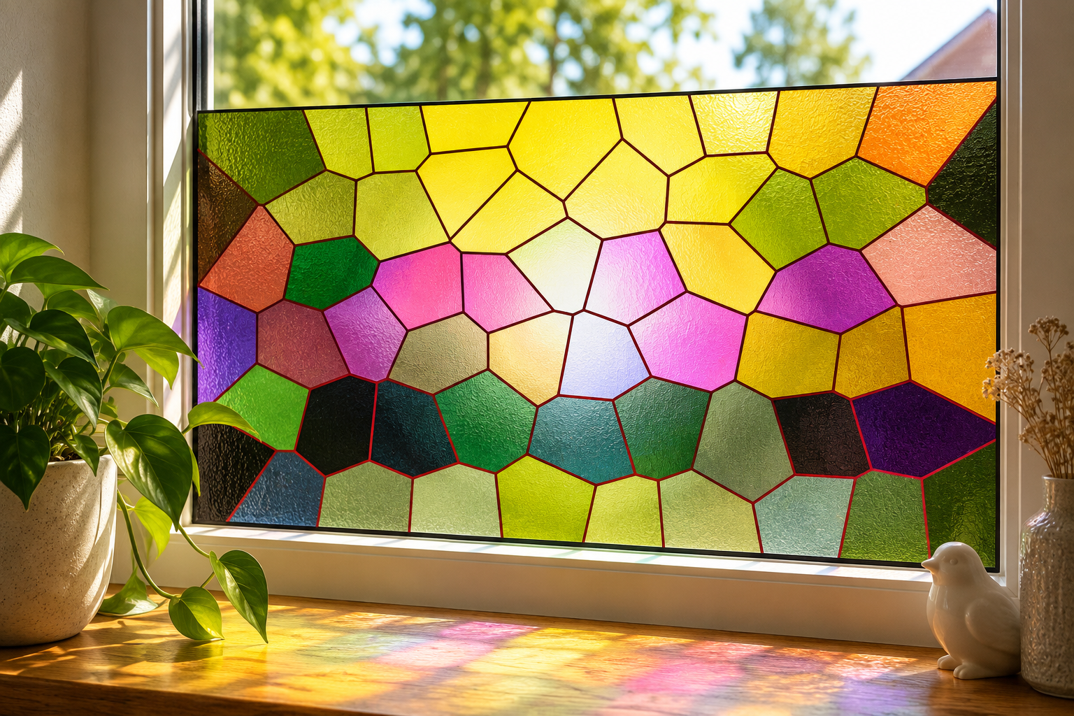 Statische glas-in-lood raamfolie Mozaïek – kleurrijk geometrisch design