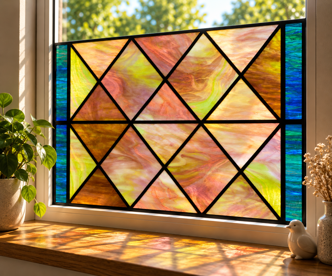 Statische glas-in-lood raamfolie Geometrisch – warme pastelkleuren